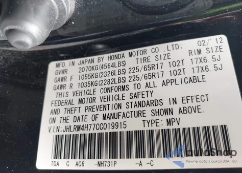 2012 Honda Cr-V Ex-L z USA, uszkodzony, nr VIN JHLRM4H77CC019915